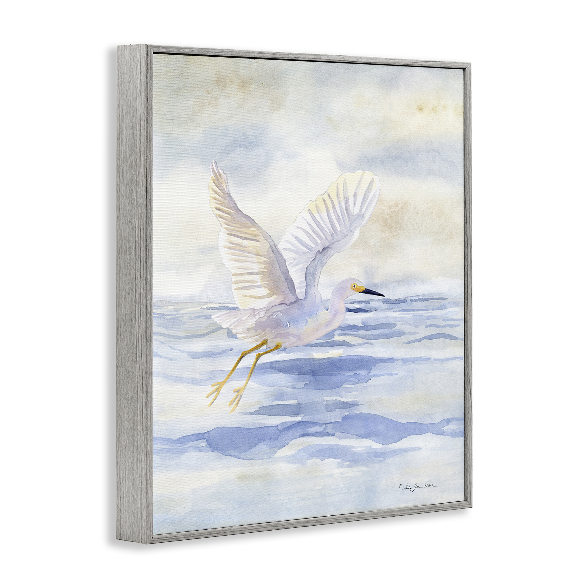 Stupell Industries Swan Flying Over Water Landscape Painting Gray Framed Art Print Wall Art, 16 x 20