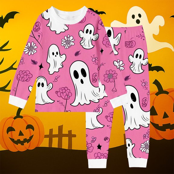 RUTAYY Girls Pajama Set Crew Neck Long Sleeve Top and Pants 2 Piece Halloween Floral Ghost Graphic Graphic Breathable Home Sleepwear Holiday Casual for Kids Hot Pink