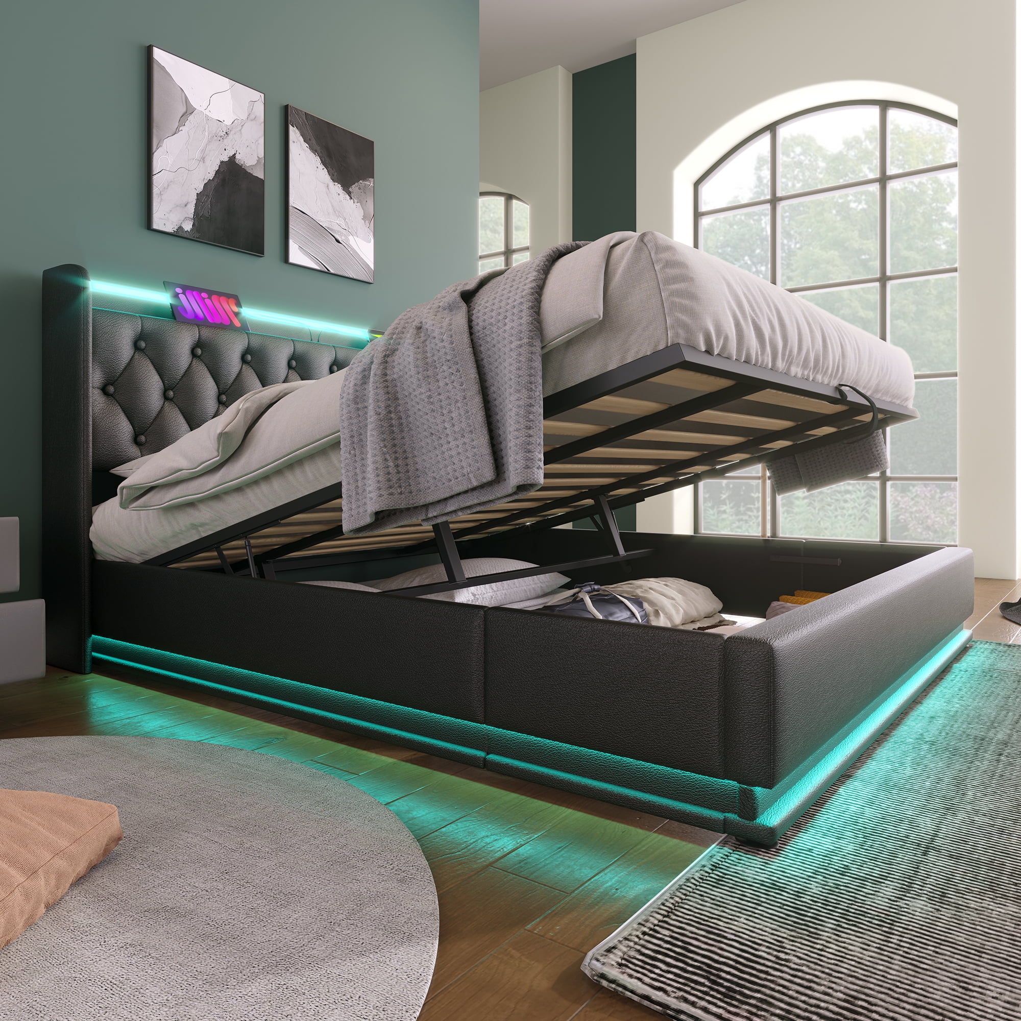 Euroco Upholstered King Size Platform Bed with Hydraulic Storage, 360 Surround LED Light PU Bed with USB Charging Station, Black