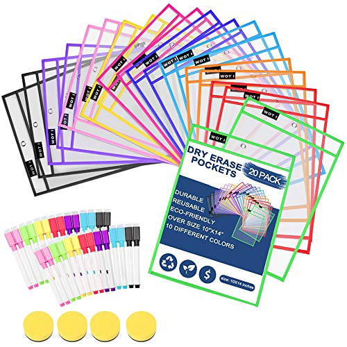 for-Classroom-Reusable-Dry-Erase-Pockets-Sleeves Assorted Colors WOT I Dry Erase Pockets 20 Set Dry Erase Sleeves Oversized 10 x 14 Inches Teacher-Supplies 
