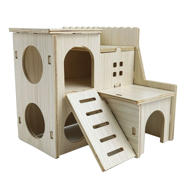 Casa de madera para hámster, juguete resistente a mordeduras, casa de escondite para hámster, accesorios para hámster, villa para saltar, 16 x 16 x 5 cm (6,3 x 6,3 x 2,0 pulgadas)