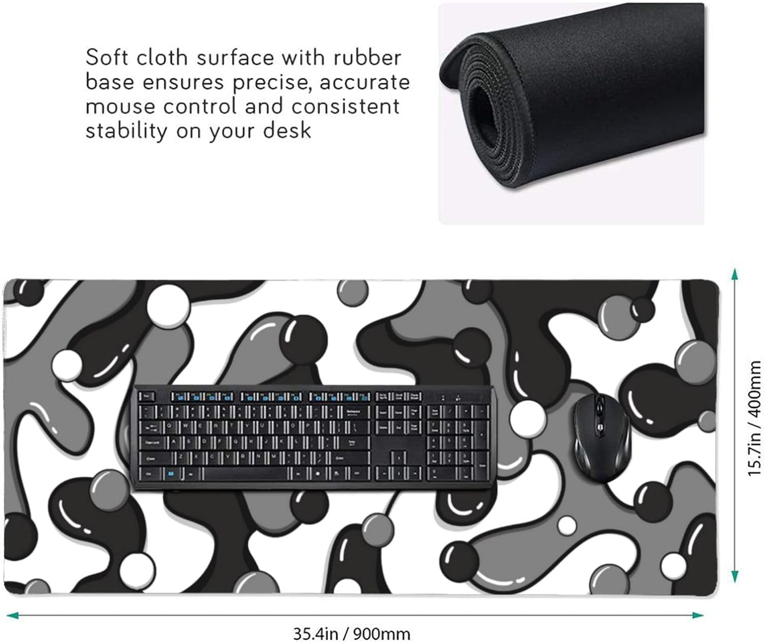 Black Grey White Gaming Mouse Pad Desk Pad XXL 35.4×15.7 Inch Japanese Anime Geometric Cool Extended Mousepad 40X90cm with Non-Slip Rubber Base Stitched Edge Large Desk Mat for Gamer Office Home Work