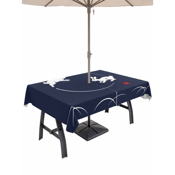 Outdoor Tablecloth with Umbrella Hole for Patio/Picnic/Party/Camping, Navy Blue Modern Waterproof Table Cloth Rectangle Table Cover Washable, Farmhouse Rabbit Abstract Art (60"x 120")