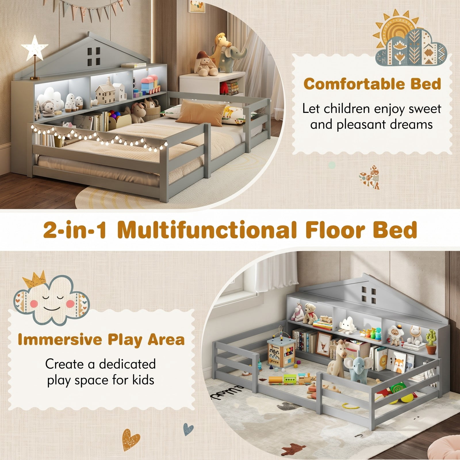 Furnibear Twin Bed Frame Montessori Floor Bed with House Headboard and Storage Shelf, Kids Room Floor Bed Frame with Headboard, Gray