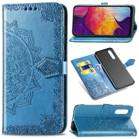 Samsung Galaxy A50 Wallet Case, Magnetic Flip Kicktand Hand Strap Premium PU Leather Phone Cover with Card Slots Holder, Blue