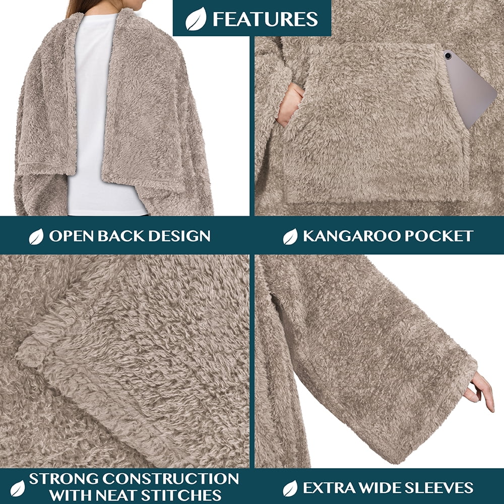 PAVILIA Fluffy Blanket with Sleeves Women Men Adults, Wearable Blanket Plush Soft Fuzzy, Hug Sleep Pod Snuggle Pocket Sleeved TV Throw, Sherpa Fleece Warm Cozy Shaggy Gifts Ideas Mom Wife, Taupe Tan