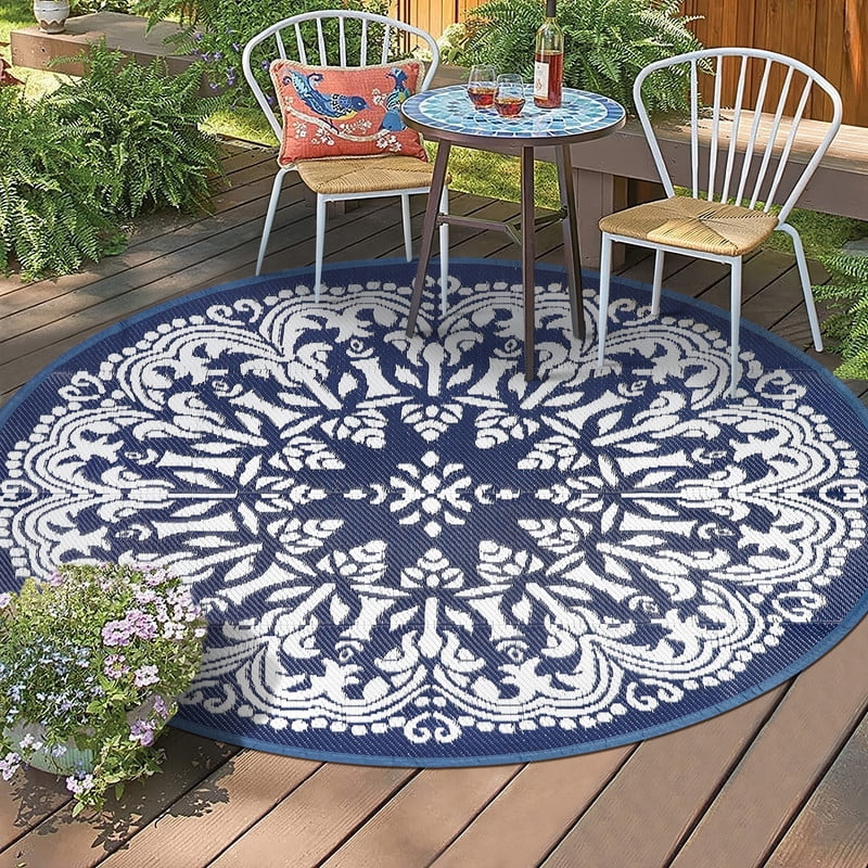 Aonewoe Round Outdoor Rugs 8Ft Waterproof Patio Plastic Straw Rug Reversible Camping Carpet Indoor Outdoor Area Rug for Patio,Deck,Balcony,Picnic,Beach,Outside