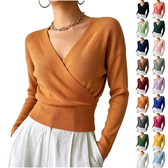 Plus Size Cinched Waist Knit Tops for Women Lightweight Long Sleeved Solid Color Collar Top Casual Sweater