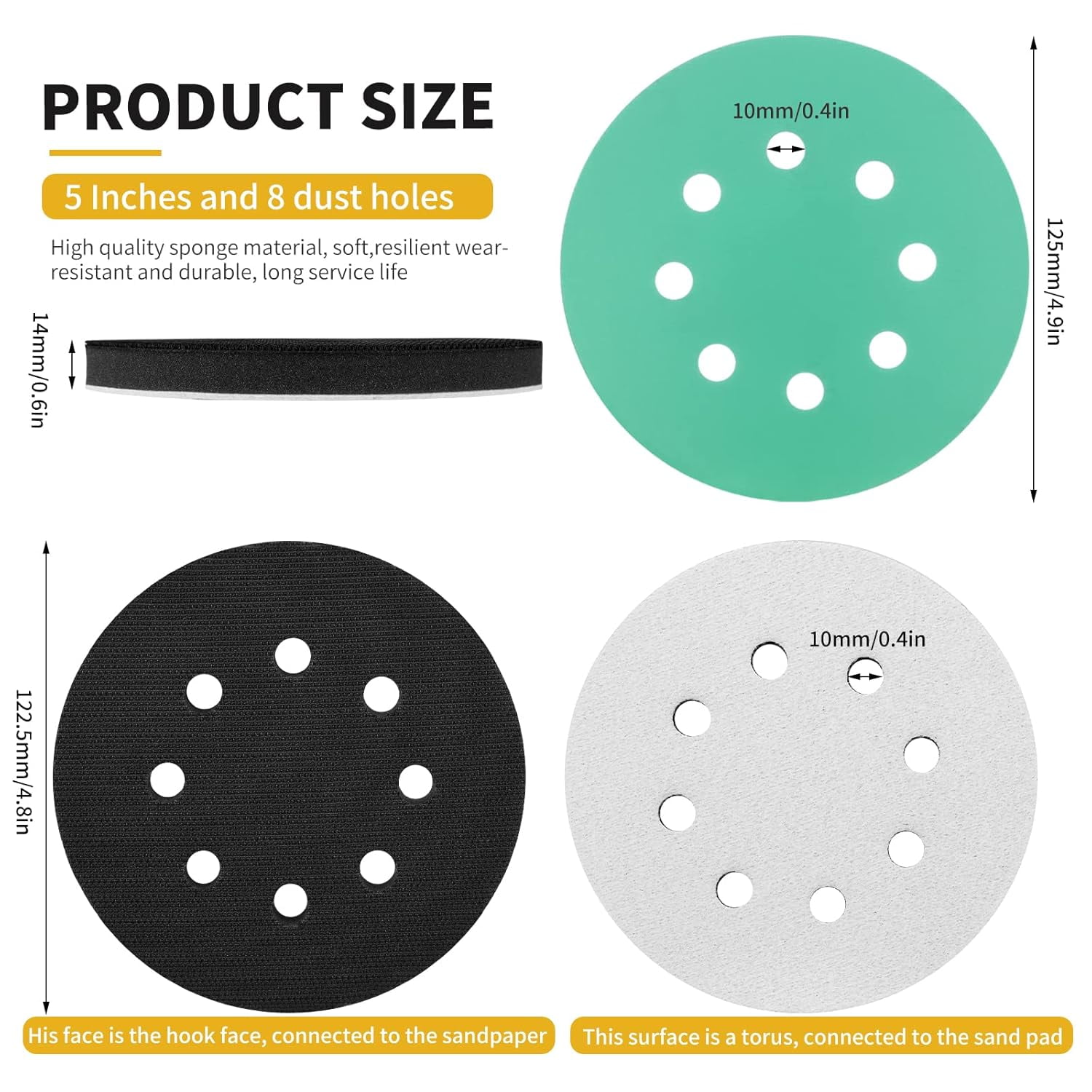 Foam sanding pads suitable for orbital sanders - 3 pieces of 5-inch 8-hole interface hook-and-loop sanding pads, with 6 pieces of sandpaper