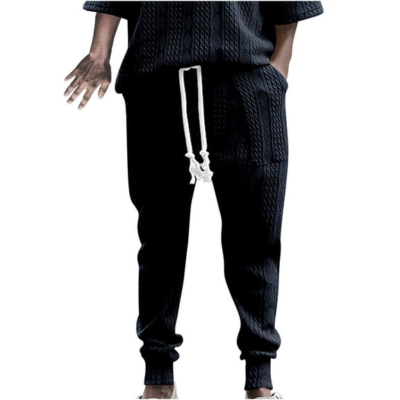 Honeeladyy Men's Solid Color Sport Loose Pleated Small Legs Lace-up Solid Color Full Length Pants Hunting Gifts Navy L