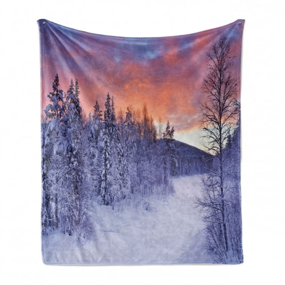 Winter Soft Flannel Fleece Blanket, Frozen River in a Wintry Landscape Finnish Lapland at Sunrise Arctic Nordic Country, Cozy Plush for Indoor and Outdoor Use, 70" x 90", Multicolor, by Ambesonne