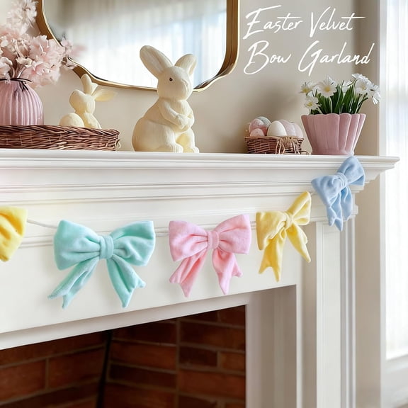 TETOU 6.5Ft Easter Decorations, Pastel Velvet Bow Garland for Spring Party Mantel Fireplace Home Door Window Decorations