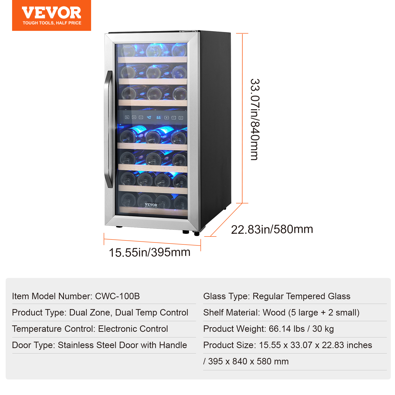 VEVOR 33-Bottle Wine Cooler,Dual Zone & Dual Temperature Wine Fridge, Freestanding Refrigerator with Circulating Air-cooling and Digital Control,Tempered Glass Door with UV Protection,for Home Bar