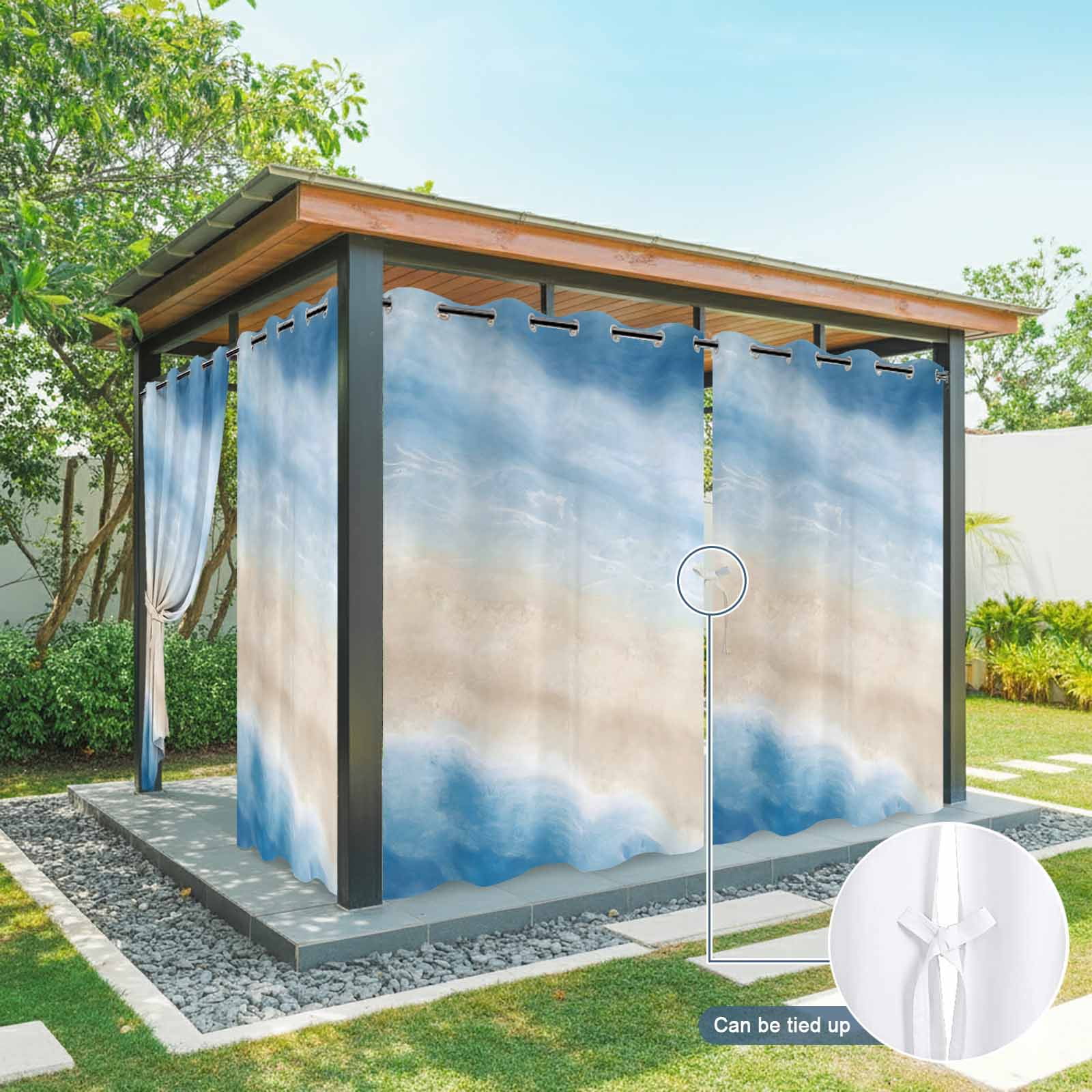 Summer Beach Outdoor Curtains for Patio, Dark Blue Gradient Ocean Wave Beige Sand Abstract Sunshade Privacy Drapes Grommet Waterproof Outside Curtains for Porch/Cabana/Balcony 54"x 108", 1 Panel