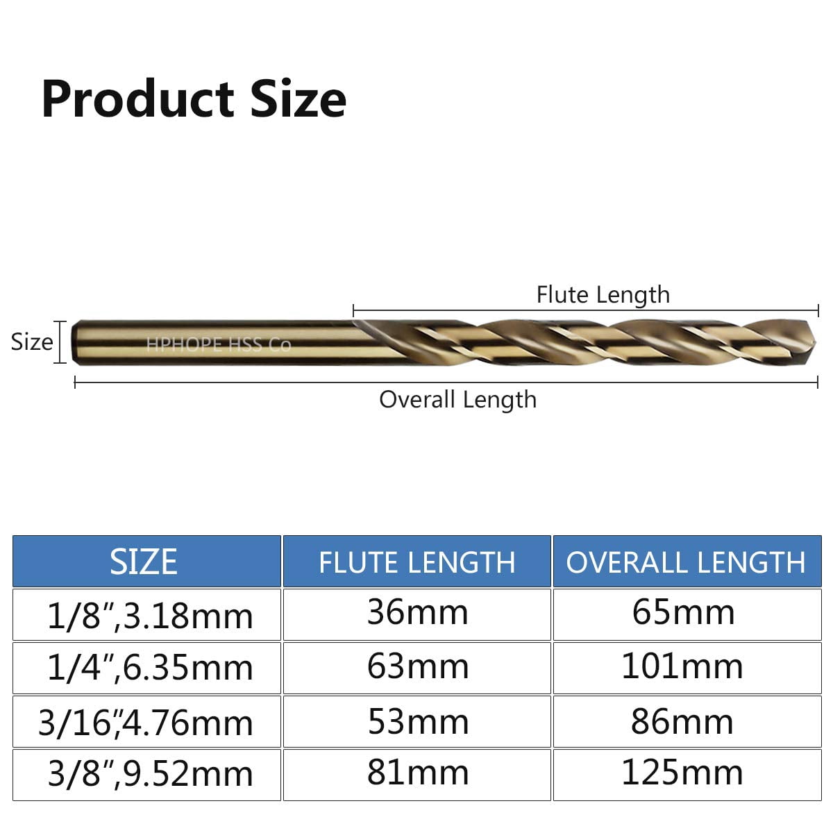 3/8 Inch Cobalt Drill Bits 5Pcs - M35 HSS Metal Twist Drill Bits Set, Jobber Drill Bits Length and Straight Shank, Suitable for Drilling in Hard Metal, Stainless Steel, Cast Iron