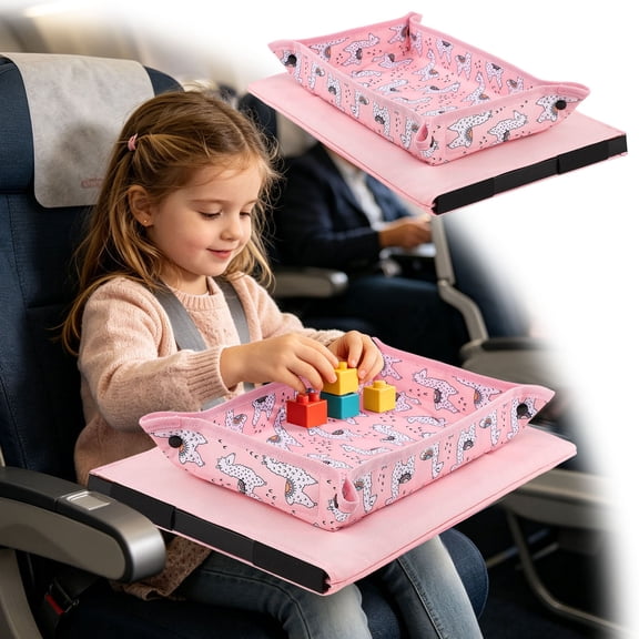 Children's tray table cover, foldable plane travel manager, pocket design, children's travel essentials, plane,train,car friendly, light and machine washable,11.8x17.3 Inch(Pink)