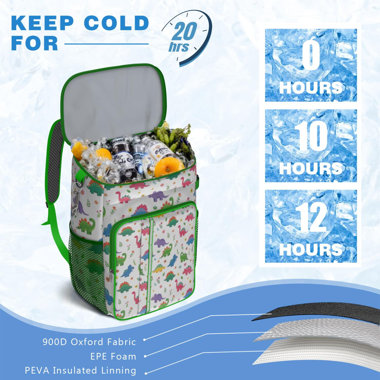 Travel Cooler Bag - White Cartoon Dinosaurs Flowers Pattern Camping Beer Cooler Backpack with Bottle Opener- Waterproof Insulated Picnic Backpacks - Cooler Bag for Beach