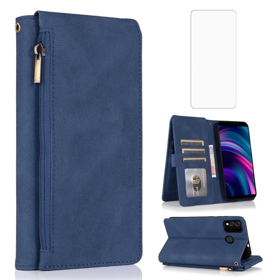 Asuwish Wallet Kickstand Hard Shell Cell Phone Case with Tempered Glass Screen Protector for BLU J9L, Blue