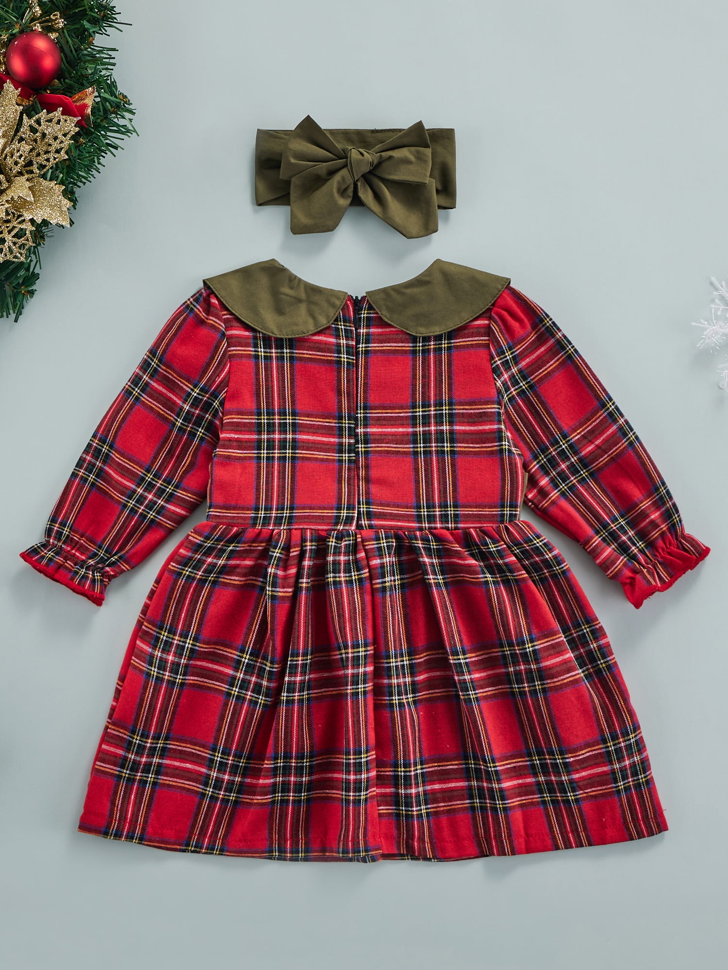 Toddler Girl Bowknot Design Plaid Long-sleeve Dress
