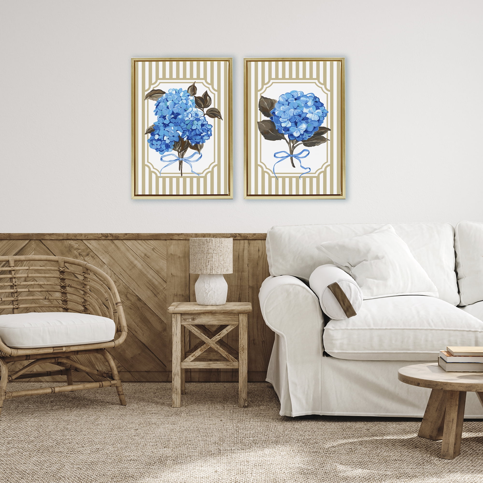 Hydrangea Bouquets with Bows 2 Piece Gold Framed Floater Canvas Set, design by Adonna Ebrahimi