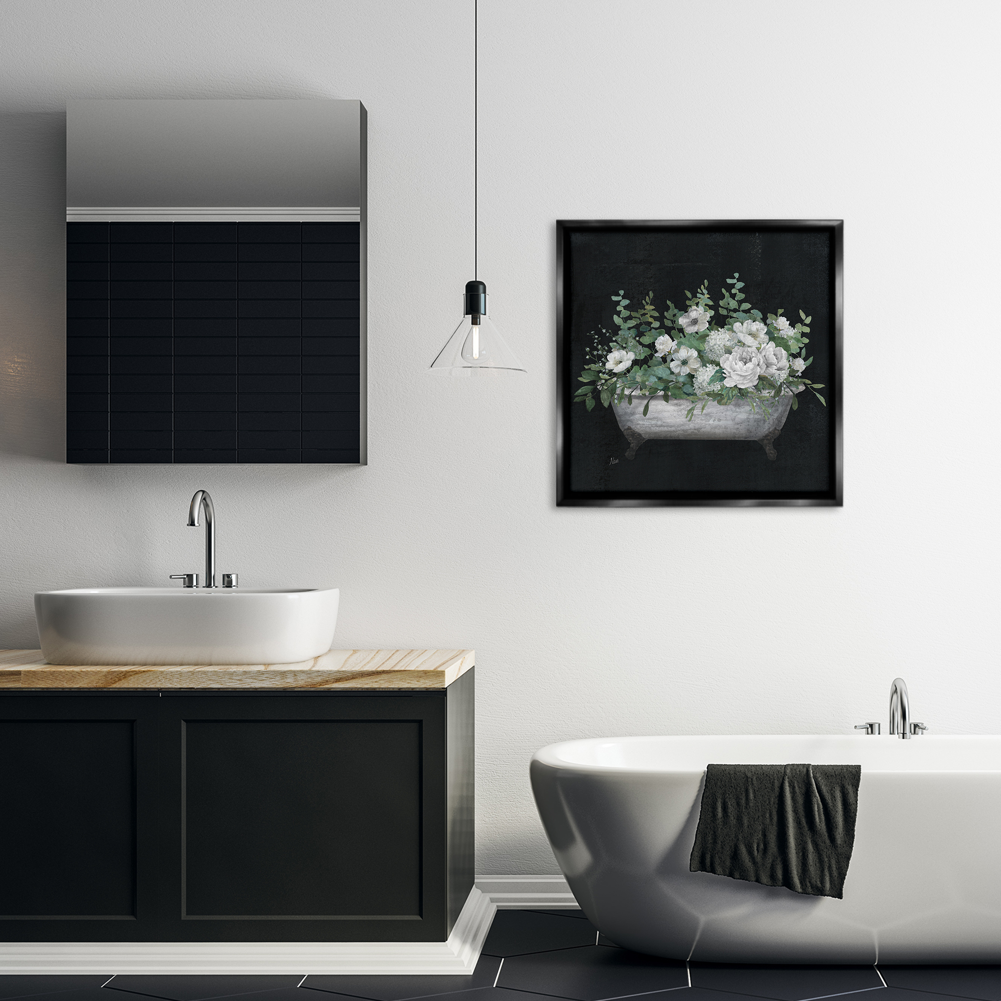 Stupell Industries Rustic Floral Bathtub Typography Painting Black Floater Framed Canvas Art Print Wall Art, 25 x 25