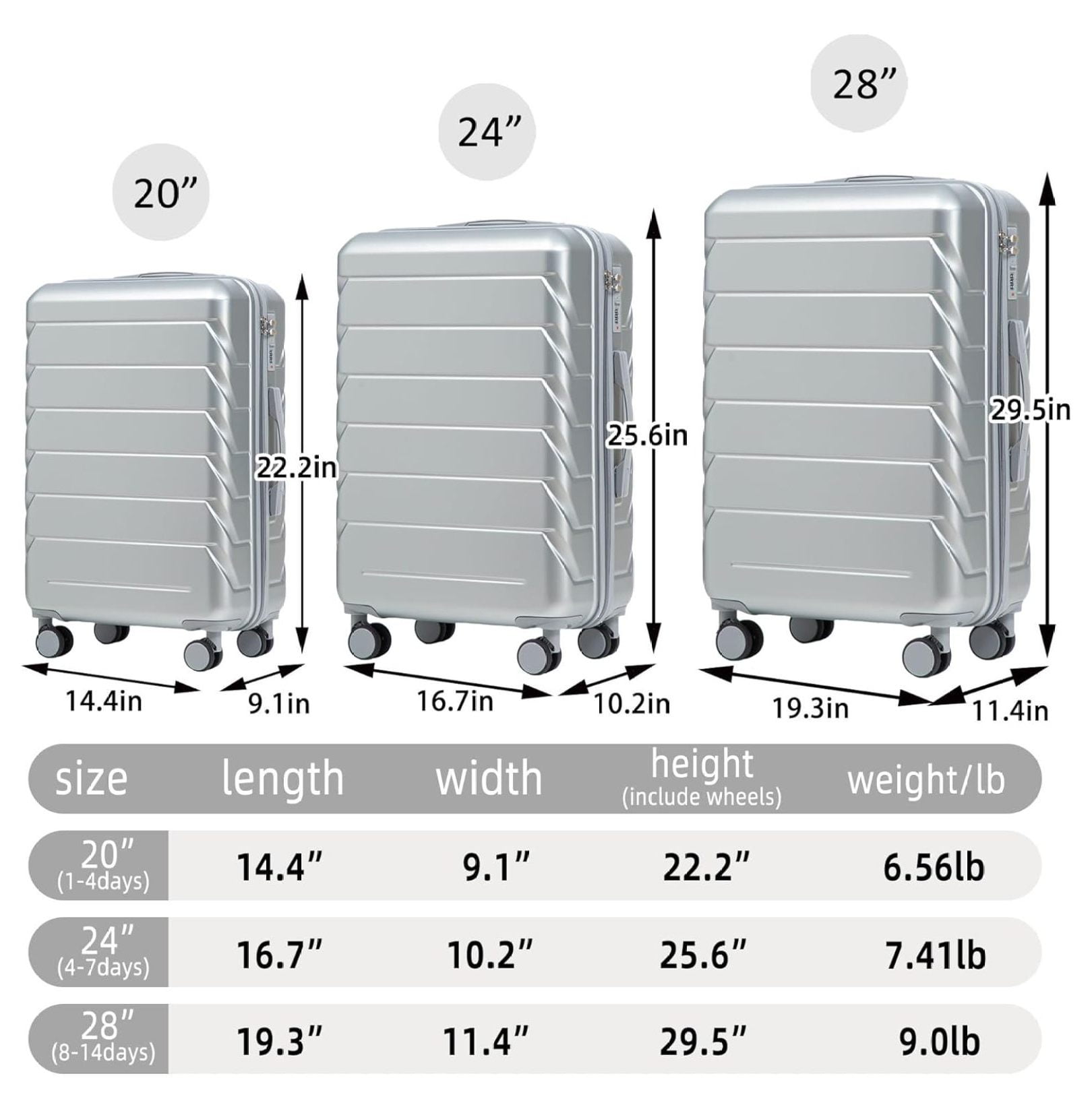 Hardshell Luggage, Lightweight Suitcase with Spinner Wheels, Silver
