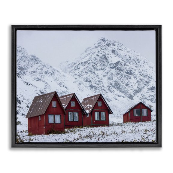 Stupell Industries Farmhouse Snowy Mountain Shacks Black Floating Frame Canvas Art, 31 x 25, by Daniel Sproul