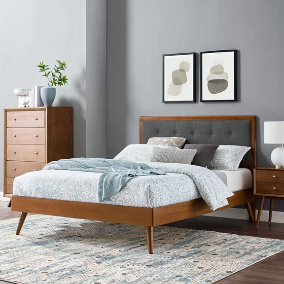 Maklaine Queen Wood Platform Bed with Splayed Legs in Walnut/Charcoal