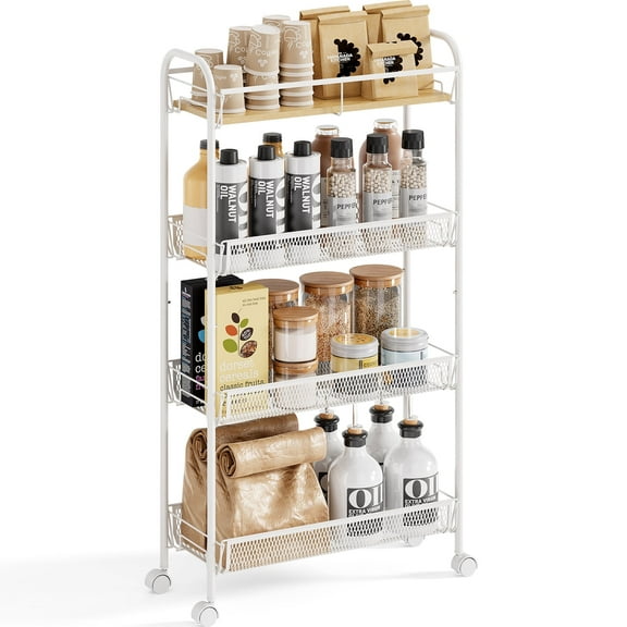 BEHERZT 4 Tiers Utility Cart, Metal Rolling Cart with Wooden Tabletop, Slim Rolling Cart, Storage Carts, White