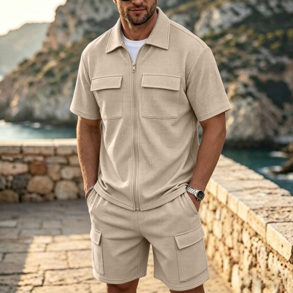 MHOSTAFH Mens Summer 2 Piece Set Short Sleeve Full Zipper Jacket & Shorts with Pockets Spring Outfits Outdoor Work Hiking Clothes Set