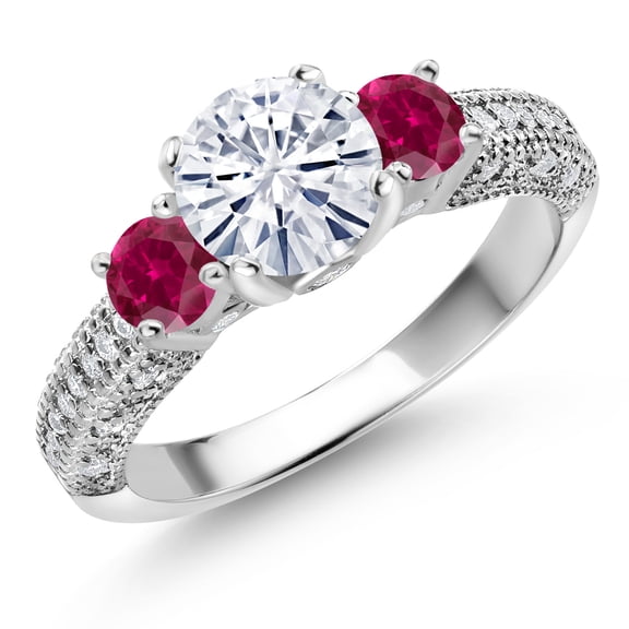 Gem Stone King 925 Sterling Silver White Moissanite and Red Created Ruby Engagement Ring for Women (1.78 Cttw, Gemstone, Round 7MM and 4MM, Size 5)