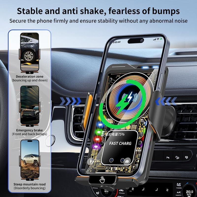 Wireless Car Charger & Phone Mount - 15W Auto-Clamping Air Vent Holder for iPhone 16/15/14, Samsung Galaxy S24/S23/S22, etc，66W High Power with Magnetic Suction Adapter (Transparent White)