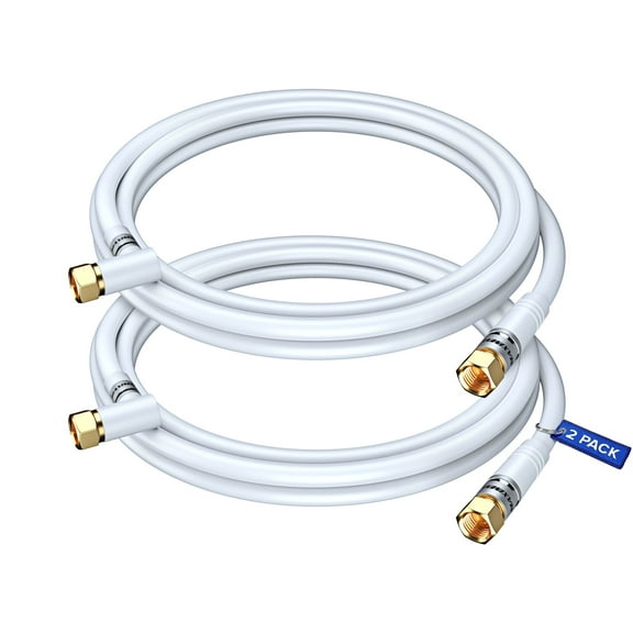 Coaxial Cable RG6, Straight, and Straight to Right Angle 90° Connector, 6 ft, 2 Pack, Coax Cable F-Type Triple Shielded Coax Cable 6 Feet (White)
