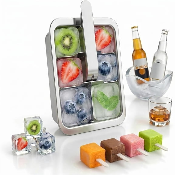 6-Slot Polished Stainless Steel Ice Cube Tray — 18/8 Metal Large Cube Mold with Lever Handle for Home Bar & Kitchen
