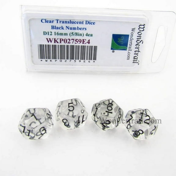 Clear Transparent Dice with Black Numbers D12 16mm (5/8in) Pack of 4 Wondertrail