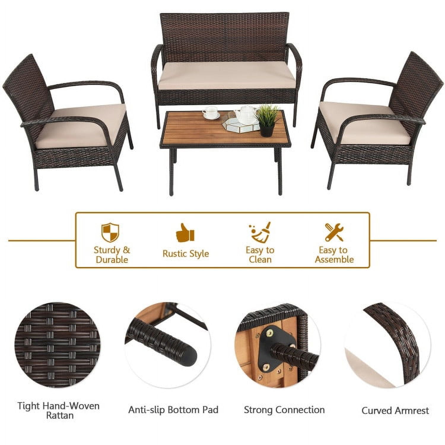 Aimee Lii 4 Pieces Patio Cushioned Wicker Conversation Set, Outdoor Sectional Set with Acacia Wood Tabletop Aimee Lii 4 Pieces Patio Cushioned Wicker Conversation Set, Outdoor Sectional Set with Acacia Wood Tabletop