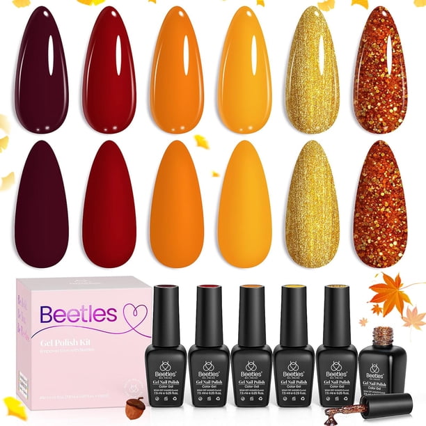 Set de esmaltes de uñas Beetles Fall Gel, 6 colores, rojo, naranja y marrón