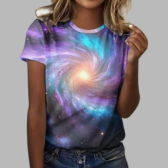 Plus Size Tops for Women under $5 Crewneck Short-Sleeved Printed T-Shirt Multicolor 2XL