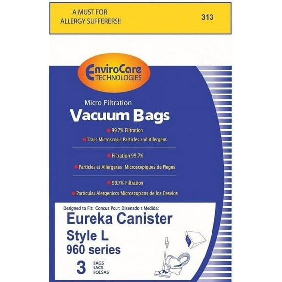 Eureka Canister Vac 930 & 960 Series Micro Filter Type L Bags 3 Pk  Part #313