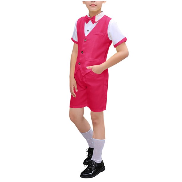 Odeerbi Chicos 4 Pcs Caballero Traje Formal Manga Corta Vestido Camisa + Traje Pantalones Cortos + Chaleco + Corbata Escenario Rendimiento Trajes Conjunto
