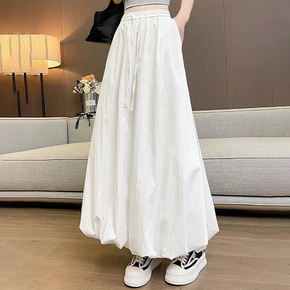 Elvqul Midi Skirt for Women White Elastic Waist Pleated A-Line Skirt Holiday Summer Beach Womens Swing Skirts Casual
