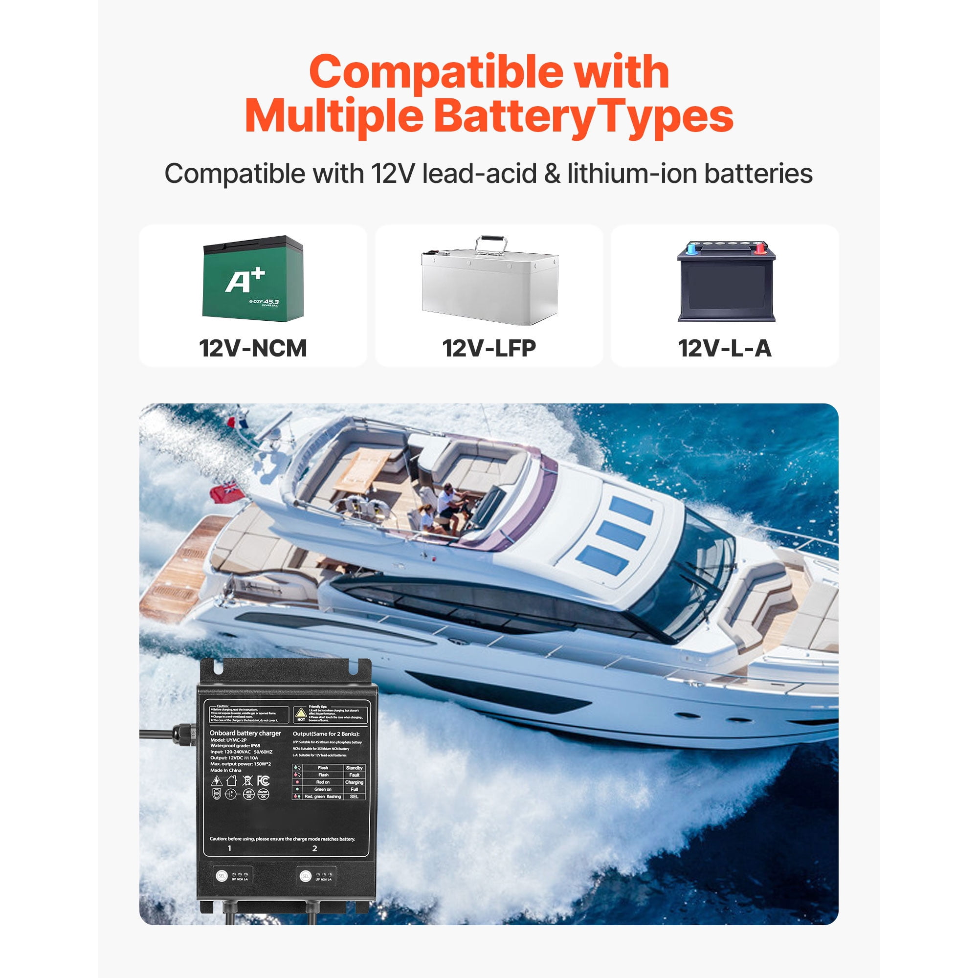 KFFKFF Marine Battery Charger, 2-Bank, 10A 12V Onboard Charger, IP68 Waterproof Smart Battery Charger, Compatible with Lithium-Ion (LiFePO4), NCM, Lead-Acid Batteries, Suitable for Boats, Yachts