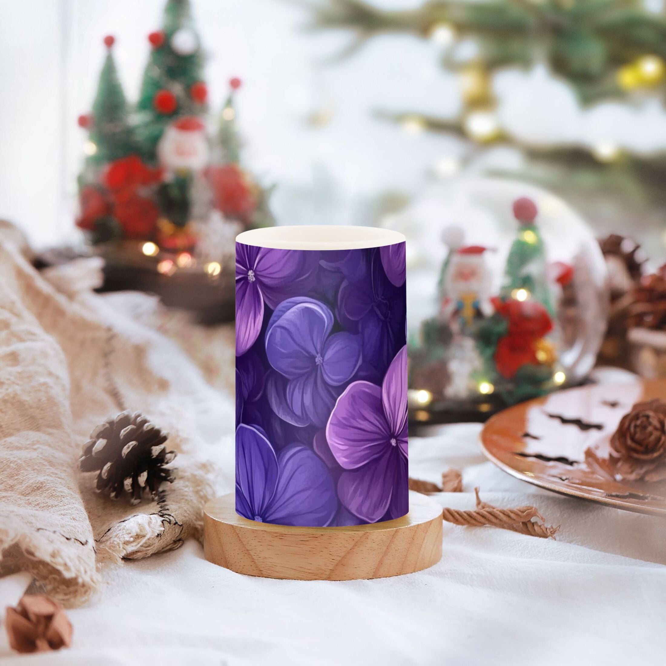 Dark Purple Flowers Flickering Flameless Candles Battery Operated with Remote Timer LED Pillar Candles Set of 2