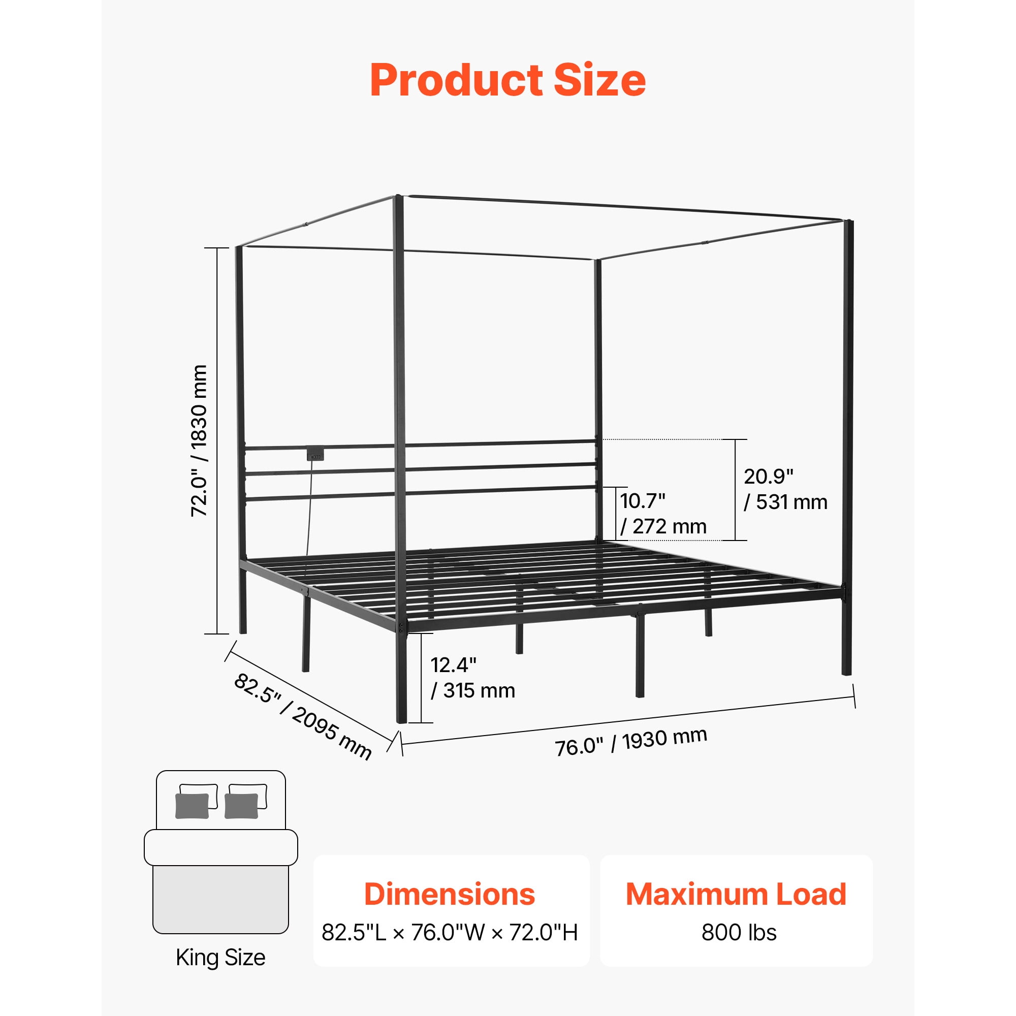 KFFKFF King Size Metal Canopy Bed Frame with Charging Station, Four-Post Design, Durable Steel Slats, Underbed Storage, No Box Spring Required, Simple Assembly, Black