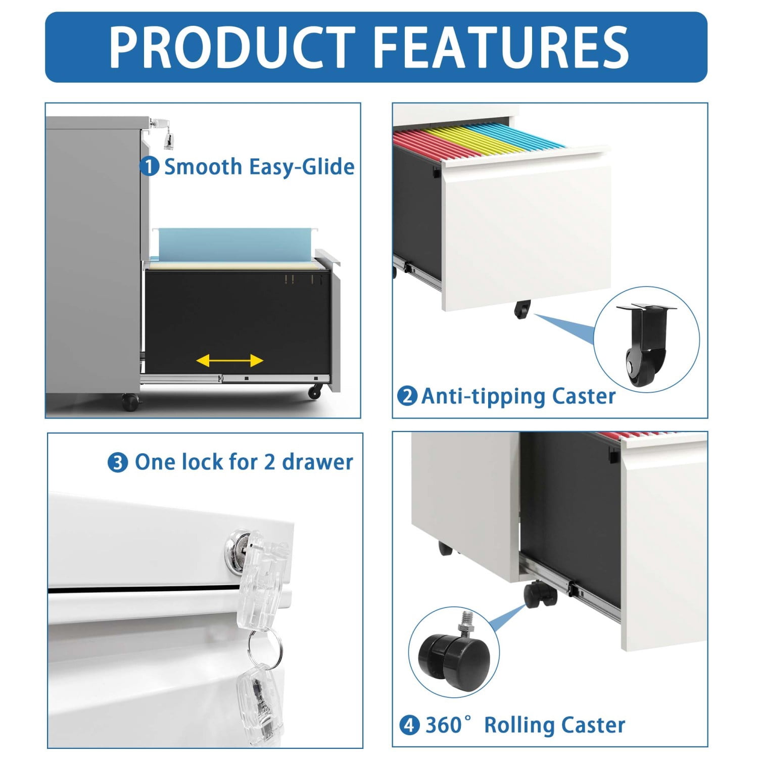 2 Drawer Metal Mobile File Cabinet, Rolling File Cabinet with Lock for Hanging Legal/Letter/A4 Size Documents