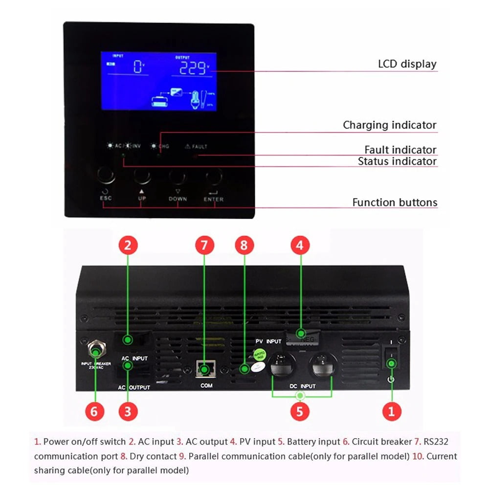 Hybrid Solar Inverter 24V Pure Sine Wave Inverter 2400W Solar Panel nerator Portable ,Car Essential
