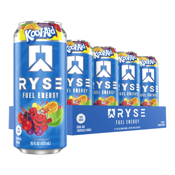 RYSE Fuel Energy Drink Kool-Aid Tropical Punch 12 Pack 16 oz Cans | Zero Sugar | 200mg Caffeine | Performance Hydration & Focus