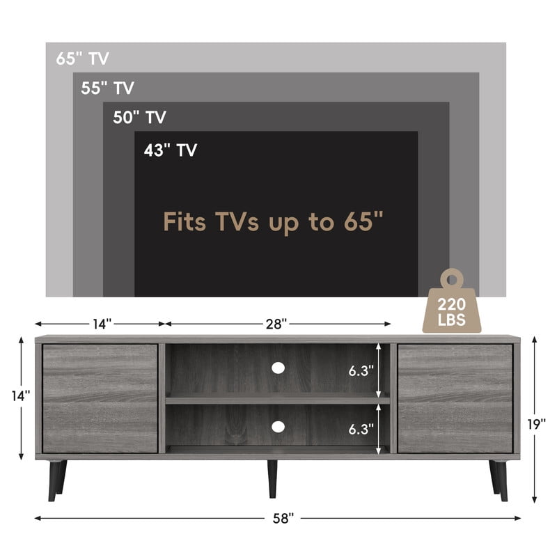 Vineego TV Stand for 65 Inch TVs, Gray Storage Cabinet with Drawers & Cord Management, Entertainment Center