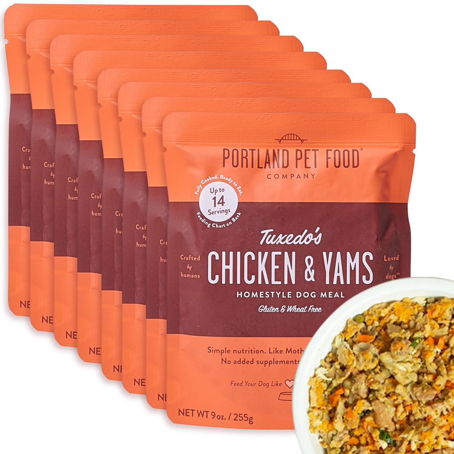 Portland Pet Food Company Tuxedo’s Chicken & Yams Fresh Dog Food Pouches - Human-Grade, Gluten-Free Wet Pet Meal Topper & Mixers - Large & Small Breed Puppy & Senior Dogs - Made in The USA - 8 Pack