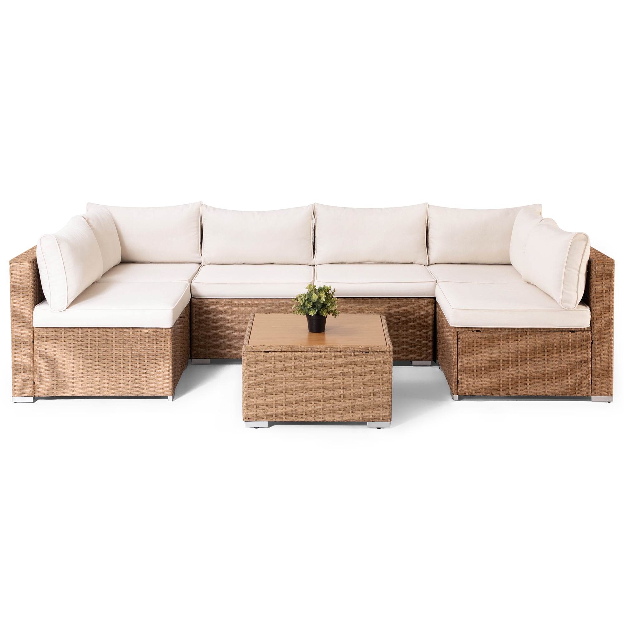LAUSAINT HOME 7 Pieces Outdoor Furniture Set, Patio Sectional Coversation Set with 6 Chairs and 1 Coffee Table, Beige Cushions & Brown Wicker